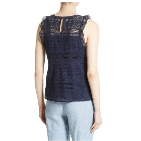 Joie Blouse Womens Large Blue Sleeveless Round Neck Cotton Lace Ruffle Lupe - Picture 2 of 8